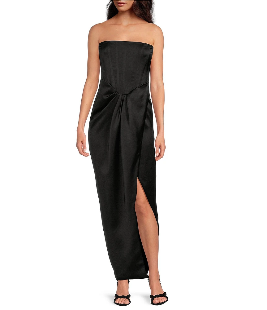Gianni Bini Daphne Satin Ruched Straight Neck Sleeveless Asymmetrical Hem Sheath Dress