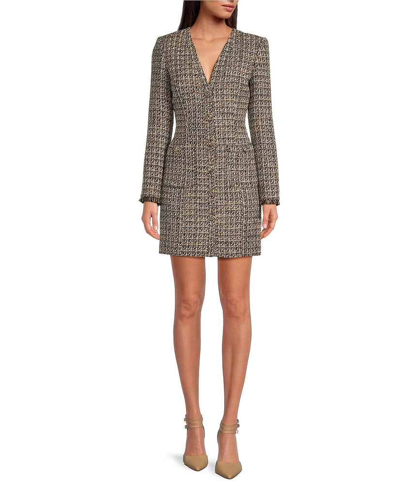 Gianni Bini Dela Tweed V-Neck Long Sleeve Mini Dress