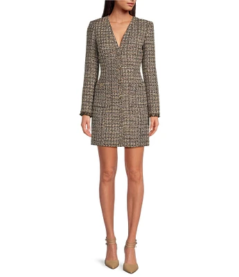 Gianni Bini Dela Tweed V-Neck Long Sleeve Mini Dress