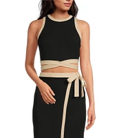 Gianni Bini Dena Ribbed Knit Crew Neck Sleeveless Tie Waist Coordinating Cropped Top