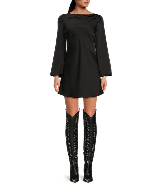 fitted lace wedding dress Modal Boat-Neck Draped Long-Sleeve Mini Dress in Black main image 0