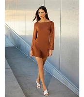 Gianni Bini Dionne Satin Boat Neck Long Sleeve Mini Dress