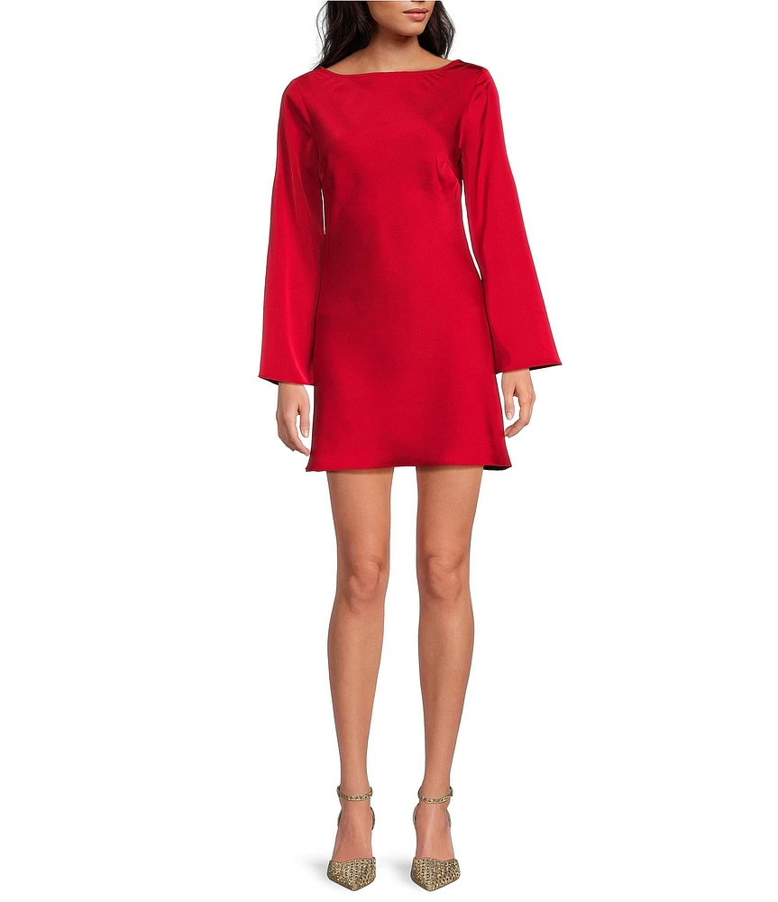 Gianni Bini Dionne Satin Boat Neck Long Sleeve Mini Dress