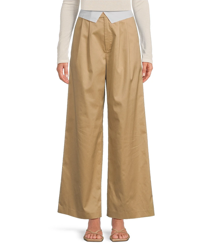 Gianni Bini Grace Drapey Linen Fold Over Contrast High Rise Pleated Coordinating Trousers