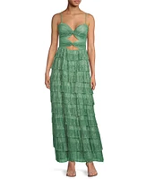 Gianni Bini Grace Metallic Plisse Sweetheart Neck Cut-Out Tiered Dress