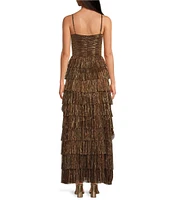 Gianni Bini Grace Metallic Plisse Sweetheart Neck Cut-Out Tiered Dress