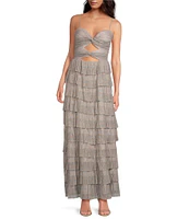 Gianni Bini Grace Metallic Plisse Sweetheart Neck Cut-Out Tiered Dress