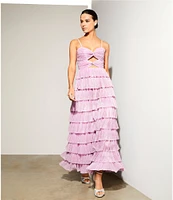 Gianni Bini Grace Metallic Plisse Sweetheart Neck Cut-Out Tiered Dress