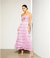 Gianni Bini Grace Metallic Plisse Sweetheart Neck Cut-Out Tiered Dress