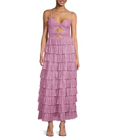 Gianni Bini Grace Metallic Plisse Sweetheart Neck Cut-Out Tiered Dress