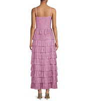 Gianni Bini Grace Metallic Plisse Sweetheart Neck Cut-Out Tiered Dress