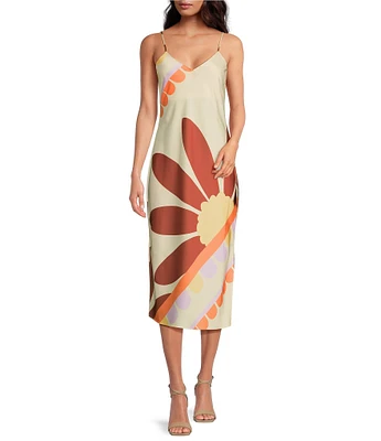Gianni Bini Harper Sunburst Satin V-Neck Sleeveless Slip Midi Dress