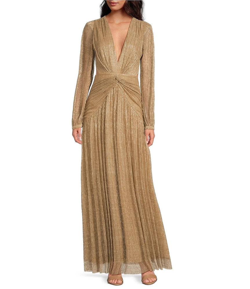 Gianni Bini Hazel Metallic Chiffon V-Neck Long Sleeve Cut Out Dress