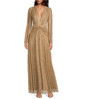 Gianni Bini Hazel Metallic Chiffon V-Neck Long Sleeve Cut Out Dress