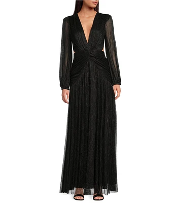 Gianni Bini Hazel Metallic Chiffon V-Neck Long Sleeve Cut Out Dress