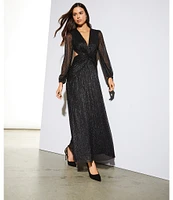 Gianni Bini Hazel Metallic Chiffon V-Neck Long Sleeve Cut Out Dress