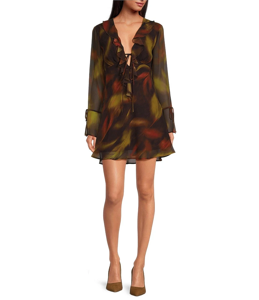 Gianni Bini Hillary Blur Chiffon Ruffle Tie Deep V-Neck Long Bell Sleeve Mini Dress