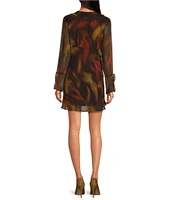 Gianni Bini Hillary Blur Chiffon Ruffle Tie Deep V-Neck Long Bell Sleeve Mini Dress