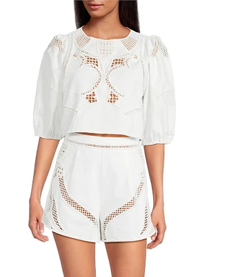 Gianni Bini Hillary Embroidered Crew Neck Short Sleeve Cropped Cotton Coordinating Blouse