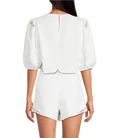 Gianni Bini Hillary Embroidered Crew Neck Short Sleeve Cropped Cotton Coordinating Blouse