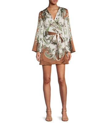Gianni Bini Jenni Paisley Printed Satin V-Neck Long Sleeve Mini Wrap Dress