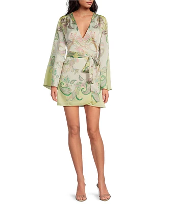 Gianni Bini Jenni Paisley Printed Satin V-Neck Long Sleeve Mini Wrap Dress