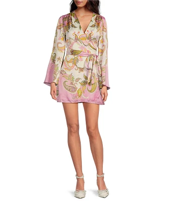 Gianni Bini Jenni Paisley Printed Satin V-Neck Long Sleeve Mini Wrap Dress