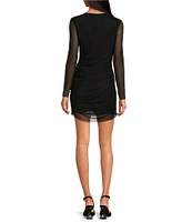 Gianni Bini Jenny Knit Ruched Stretch Mesh Sheer Illusion Boat Neck Long Sleeve Bodycon Mini Dress