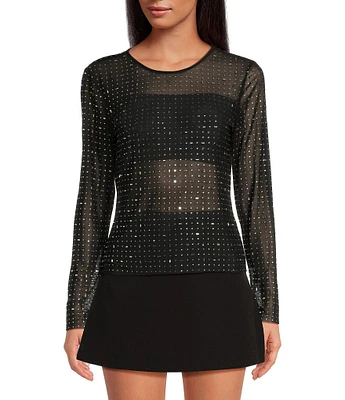 Gianni Bini Junie Rhinestone Mesh Crew Neck Long Sleeve Blouse