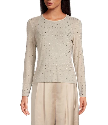 Gianni Bini Junie Rhinestone Mesh Crew Neck Long Sleeve Crop Top