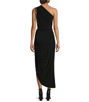 Gianni Bini Katie One Shoulder Sleeveless Matte Jersey Mini to Midi Knit Tie Dress