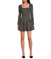 Gianni Bini Kendall Glen Plaid Corset Sqaure Neck Long Sleeve Flounce Mini Dress