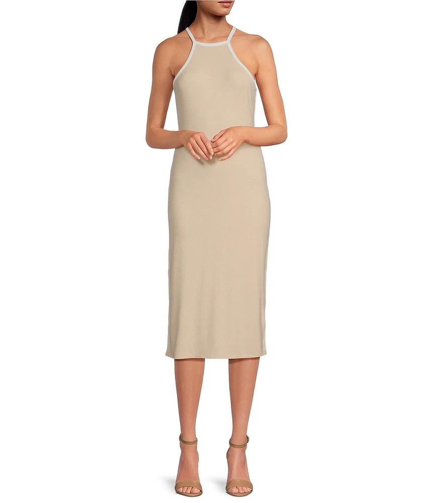 Gianni Bini Kinsley Span Knit Ribbed Cutout Halter Neck Midi Sheath Dress