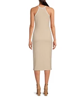 Gianni Bini Kinsley Span Knit Ribbed Cutout Halter Neck Midi Sheath Dress