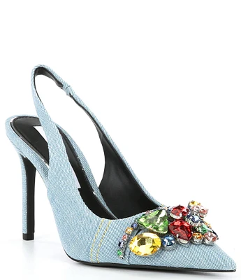 Gianni Bini Mardona Denim Pointed Toe Jewel Slingback Pumps