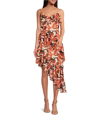 Gianni Bini Margot Copper Palm Printed Chiffon V-Neck Sleeveless Asymmetrical Hemline Ruffle Dress