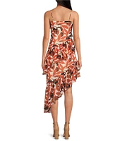 Gianni Bini Margot Copper Palm Printed Chiffon V-Neck Sleeveless Asymmetrical Hemline Ruffle Dress