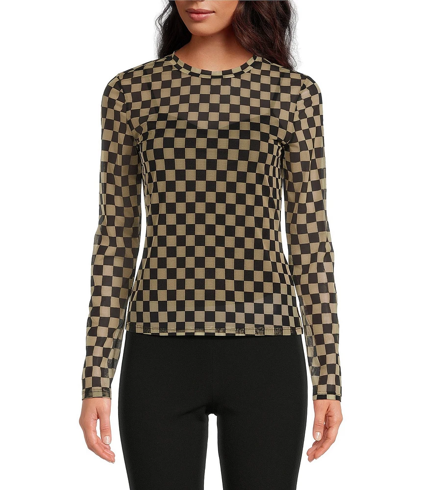 Gianni Bini Matty Mesh Checked Crew Neck Long Sleeve Top