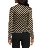 Gianni Bini Matty Mesh Checked Crew Neck Long Sleeve Top