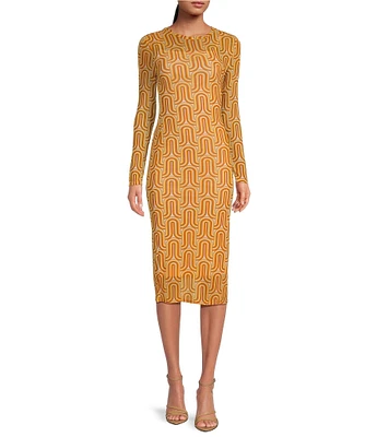 Gianni Bini Matty Printed Mesh Crew Neck Long Sleeve Midi Dress