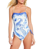 Gianni Bini Paisley Ruched Tie Side Low Sccop Back One Piece Swimsuit