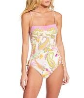 Gianni Bini Paisley Square Neck Ruched Tie Side One Piece Swimsuit