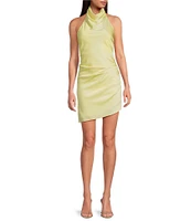 Gianni Bini Peyton Ruched Satin Cowl Halter Neck Sleeveless Open Back Detail Asymmetrical Hem Mini Sheath Dress