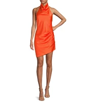 Gianni Bini Peyton Ruched Satin Cowl Halter Neck Sleeveless Open Back Detail Asymmetrical Hem Mini Sheath Dress
