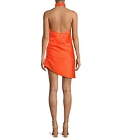 Gianni Bini Peyton Ruched Satin Cowl Halter Neck Sleeveless Open Back Detail Asymmetrical Hem Mini Sheath Dress
