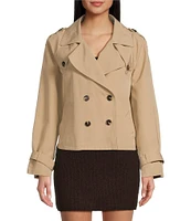 Gianni Bini Remy Twill Notch Lapel V-Neck Double Breasted Button Front Long Sleeve Crop Topcoat