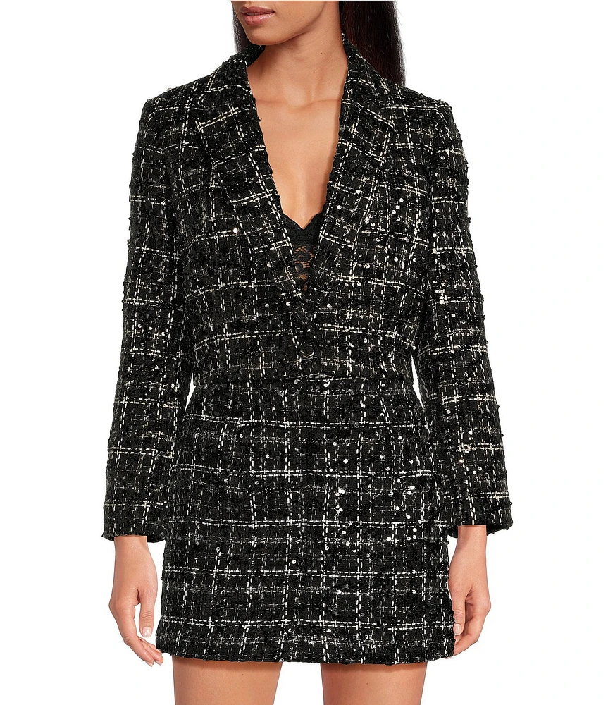 Gianni Bini Sadie Tweed Notch Lapel Button Front Long Sleeve Cropped Blazer