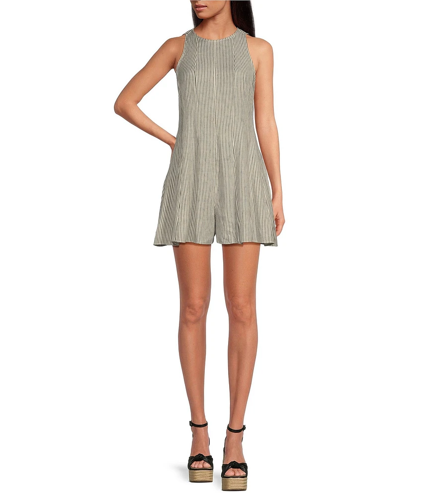 Gianni Bini Samie Linen Blend Pin Stripe Crew Neck Sleeveless Romper