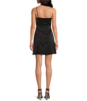 Gianni Bini Sasha Satin Sleeveless Asymmetrical Spaghetti Strap Tie Waist Wrap Tie Mini Dress