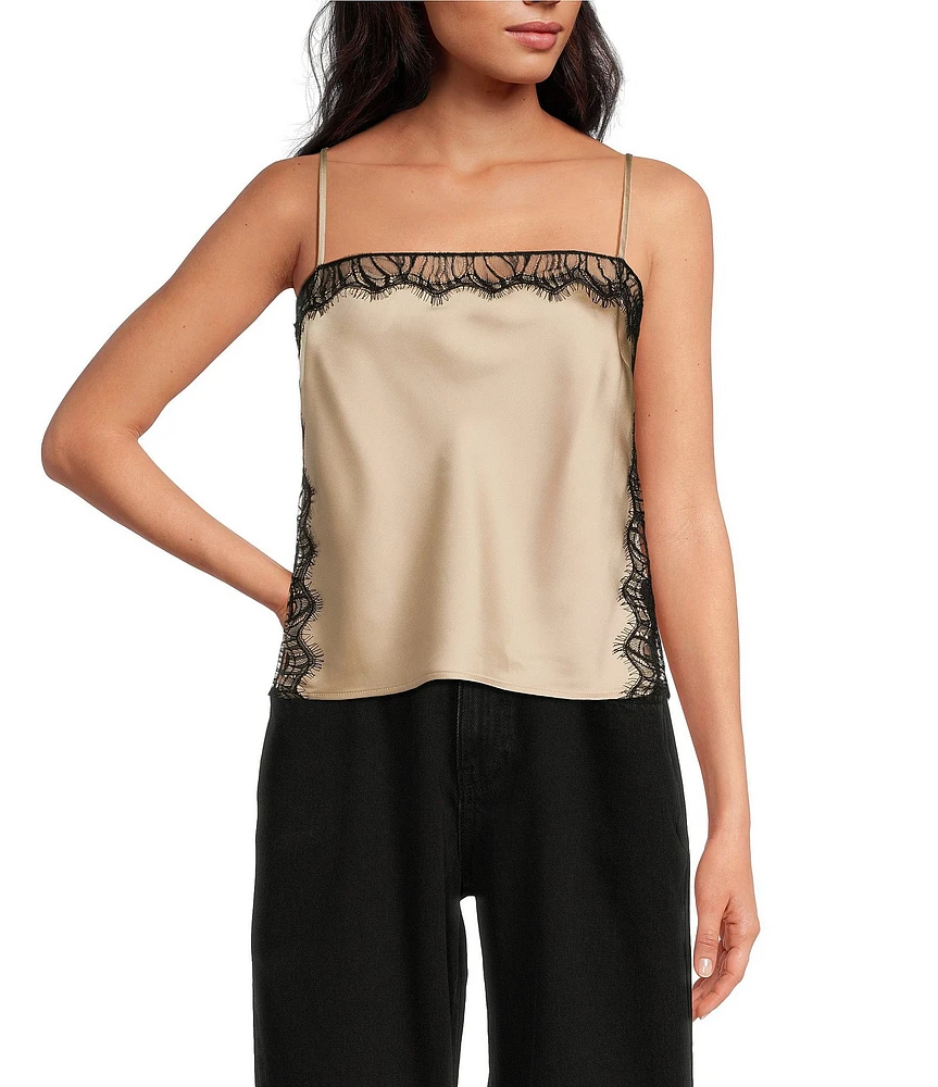 Gianni Bini Shira Woven Drapey Satin Contrast Lace Trim Square Neck Spaghetti Strap Camisole